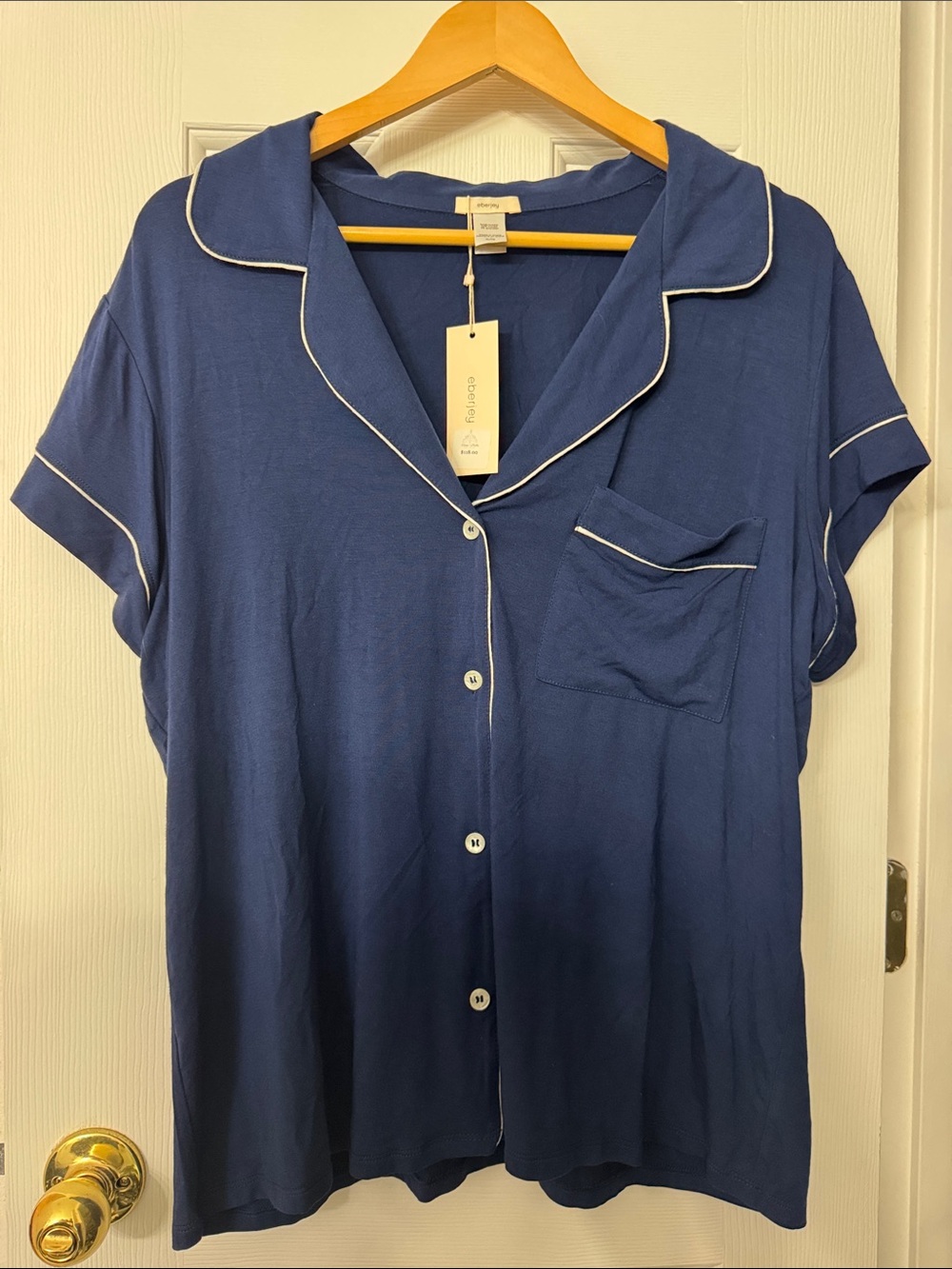 Eberjey Navy Short-Sleeve Piped Button-Front Pajama Top with White Trim